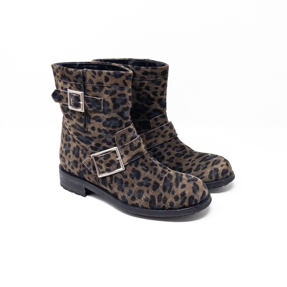 Jimmy Choo Youth Suede Leopard Moto Biker Boots EU 37 Ankle Buckle 2000s 2010s